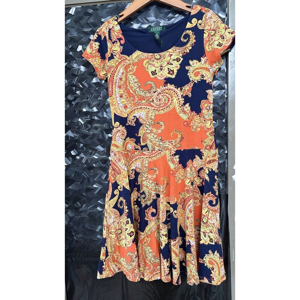 EUC Lauren Ralph Lauren Red Paisley Print Short Sleeve Dress Size Small